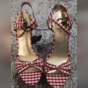 G by Guess Red Gingham Heels with Ankle Straps